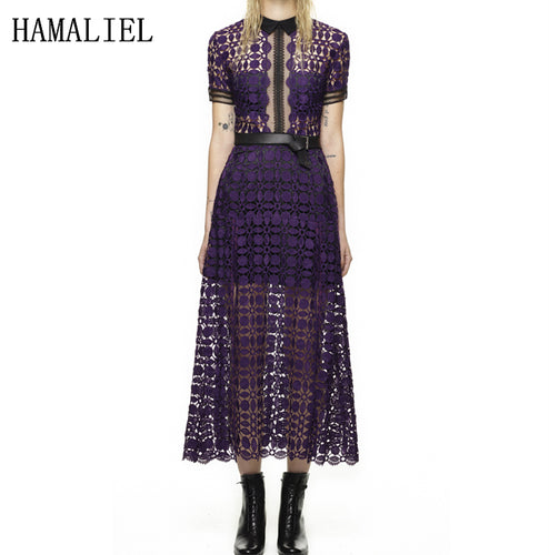 HAMALIEL Women Runway Dress 2017 Summer Lace Hollow Out Pocket Short Sleeve Slim Dress Lady Long Dress 2 Colors Self Portrait