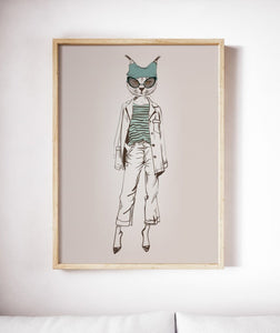 Cat Fashion Art Print Canvas Hipster Animal