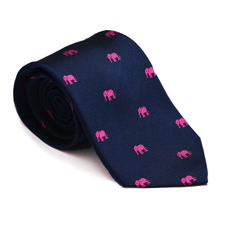 Elephant Necktie - Pink on Navy, Woven Silk