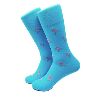 Flamingo Socks - Men's Mid Calf - Pink on Aqua Blue