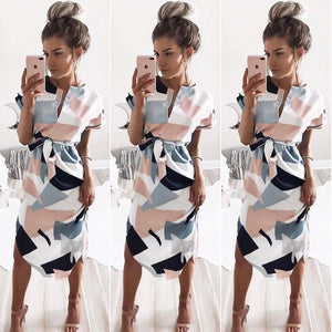 Summer Style Dress 2018 Casual Asymmetrical Geometric Printing Short Sash Knee-Length Dress O-Neck Elegant Women Dresses