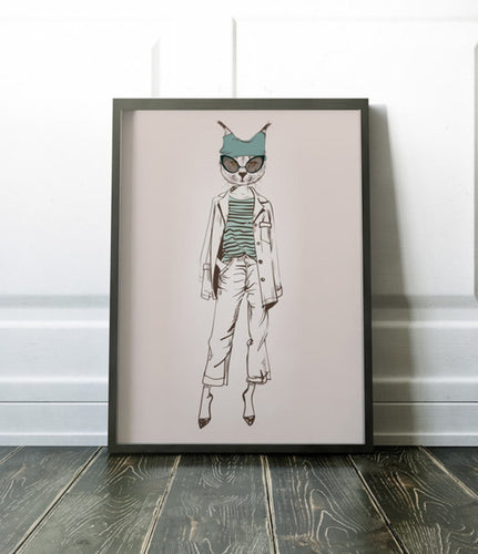 Cat Fashion Art Print Canvas Hipster Animal