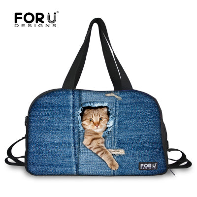 FORUDESIGNS Cute Cat Dog Print Female Duffle Bag Women Luggage Travel Bag Canvas Large Capacity Luxury Travel Duffel Tote Bags