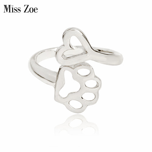 Miss Zoe Always By My Heart Adjustable Ring Animal Beloved Pet Ring Hollow Dog Paw Footprints Heart Jewelry Ring For Dog Owners