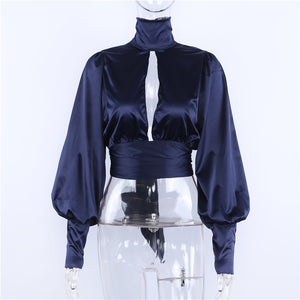 Sexy Backless Turtleneck tiered Ladies Long Sleeve Blouse