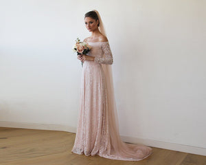 Baby Pink Off-The-Shoulder Floral Lace Long Sleeve Gown With Train 1148