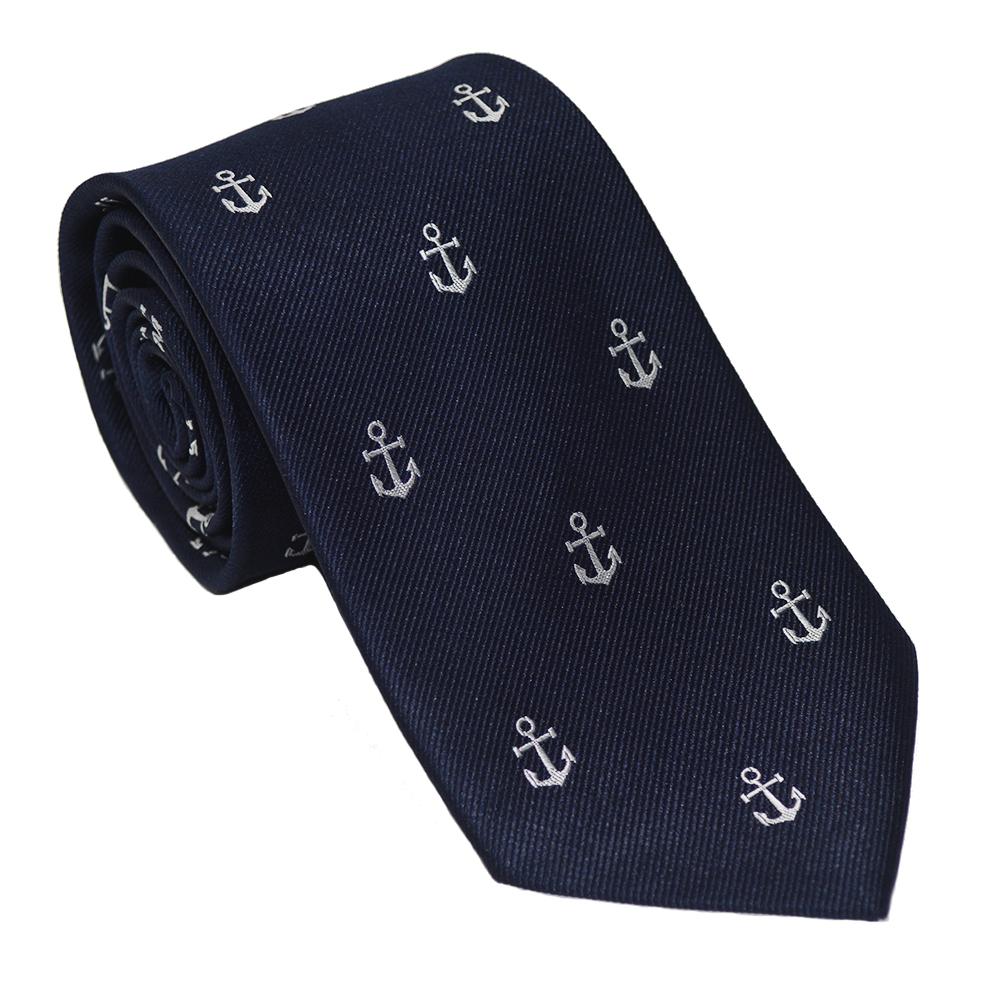 Anchor Necktie - White on Navy, Woven Silk