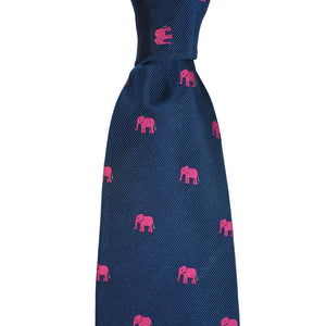 Elephant Necktie - Pink on Navy, Woven Silk