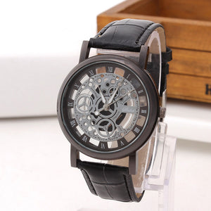 Fashion Business Skeleton Watch Men Engraving Hollow Reloj Hombre Dress Quartz Wristwatch Leather Band Women Clock Relojes Mujer